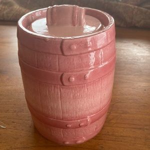 Vintage Dan Mar ombré pink pottery barrel storage container with lockable lid